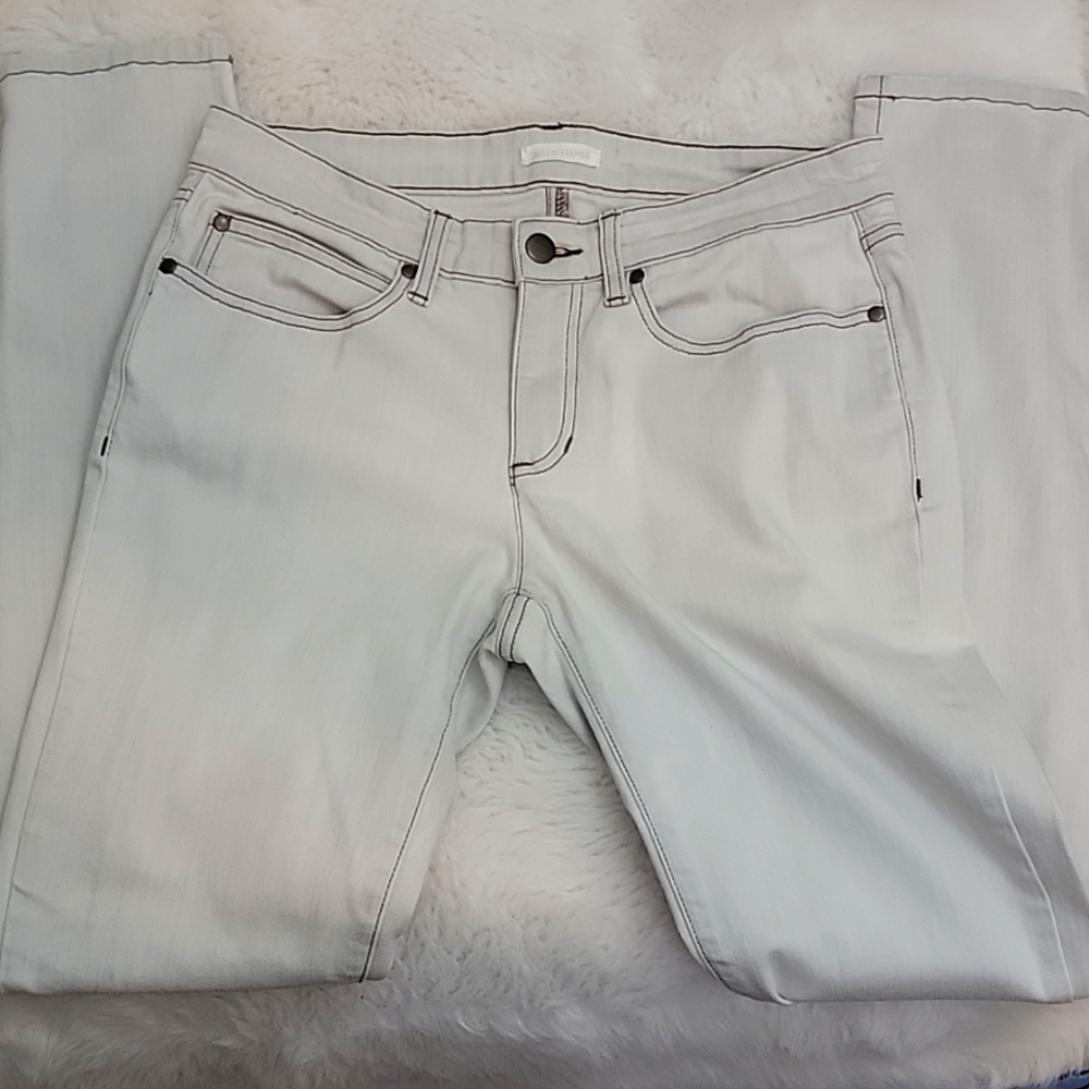 Eileen Fisher Light Gray Jeans with Brown Stitching.